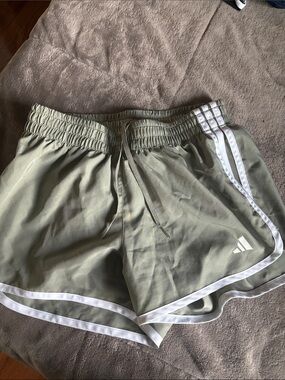 adidas Olive Green Women's Running Shorts with White Trim